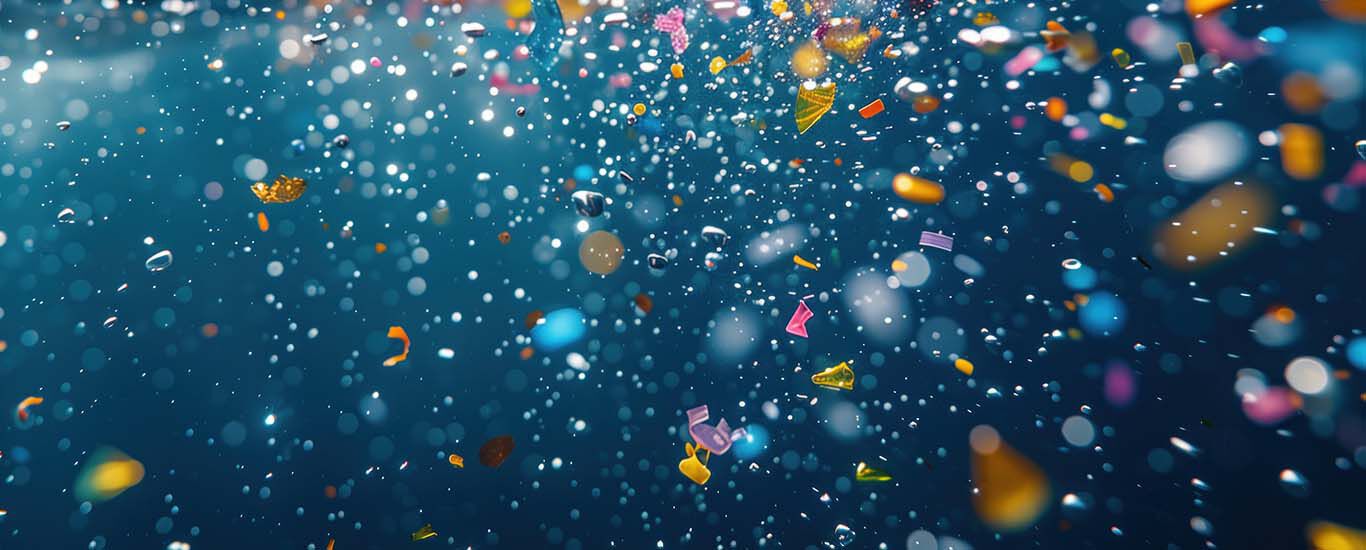 Fijne microplasticdeeltjes drijven in zee.